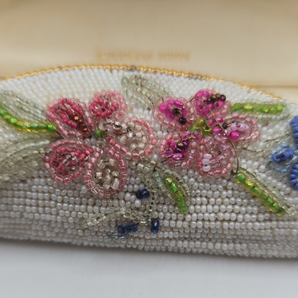 Vintage Ivory Beaded Handbag Embroidered Rose Floral Envelope Clutch French - Picture 13 of 16